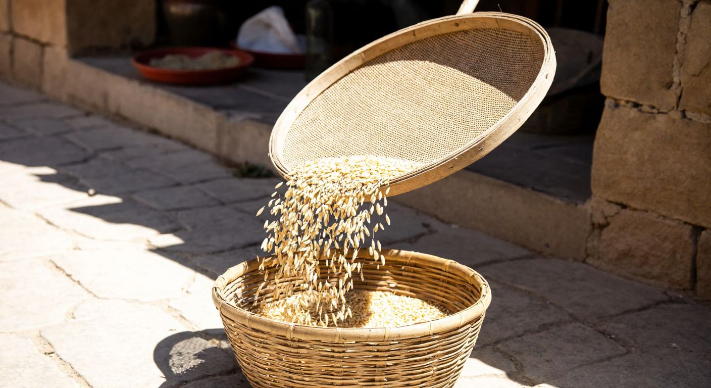 A rustic wooden sieve suspended over a woven basket, with golden wheat grains cascading through the mesh onto a sunlit stone floor in a traditional Turkish village kitchen.