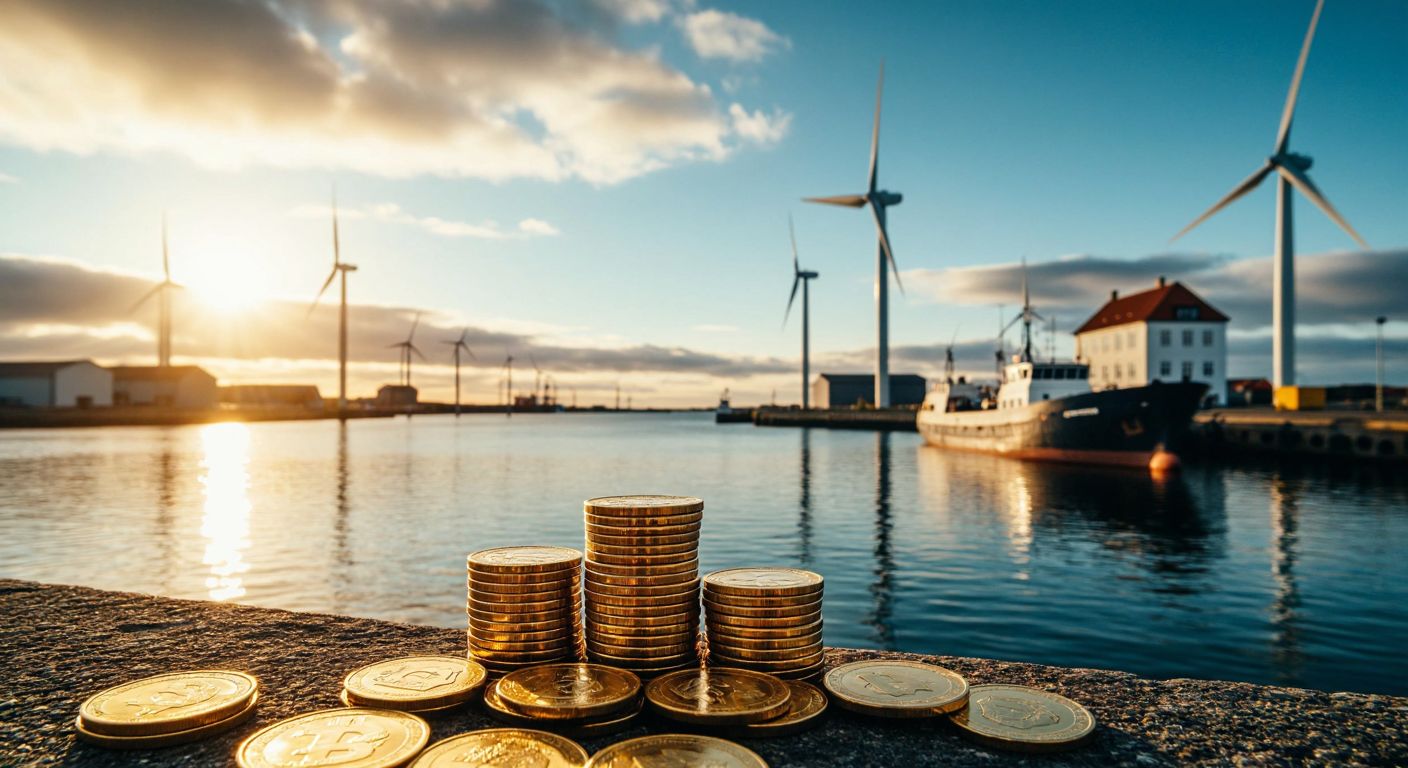 A serene Danish harbor with modern wind turbines in the background, reflecting economic stability and renewable energy investments, while neatly stacked golden coins glint under soft Nordic sunlight.