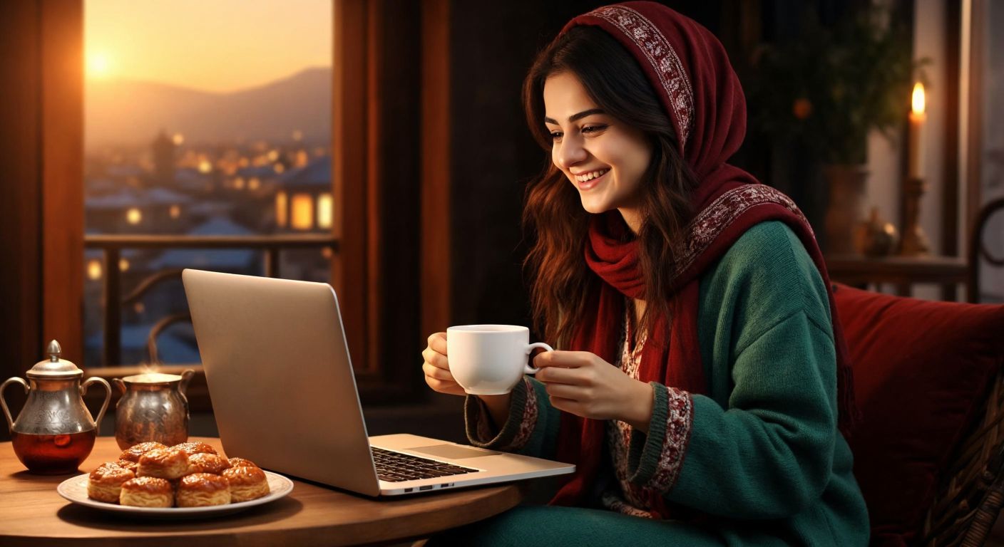 A Turkish woman in a cozy home setting smiles while browsing a laptop screen, with a shopping cart icon visible, as she holds a cup of çay (tea) beside a plate of baklava.