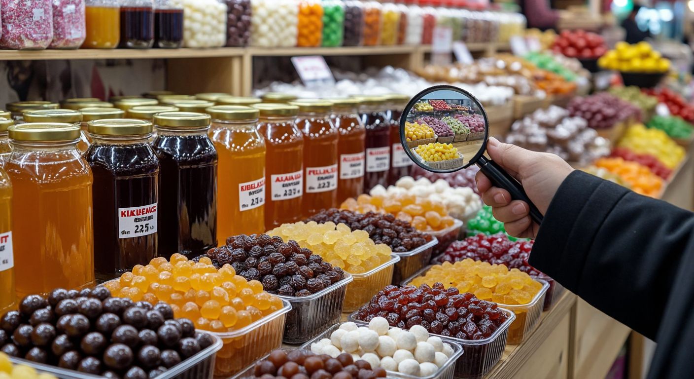 A colorful Turkish market stall displays rows of packaged sweets, fizzy drinks in glass bottles, jars of honey and pekmez, and a hand holding a magnifying glass over a food label.  

(Note: The magnifying glass is implied to inspect the label, but no text or symbols are depicted.)