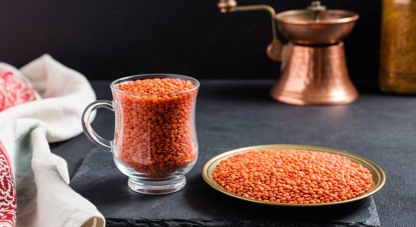 A rustic Turkish kitchen counter with a glass teacup filled halfway with red lentils, a small pile of lentils beside it, and a traditional copper scale in the background.