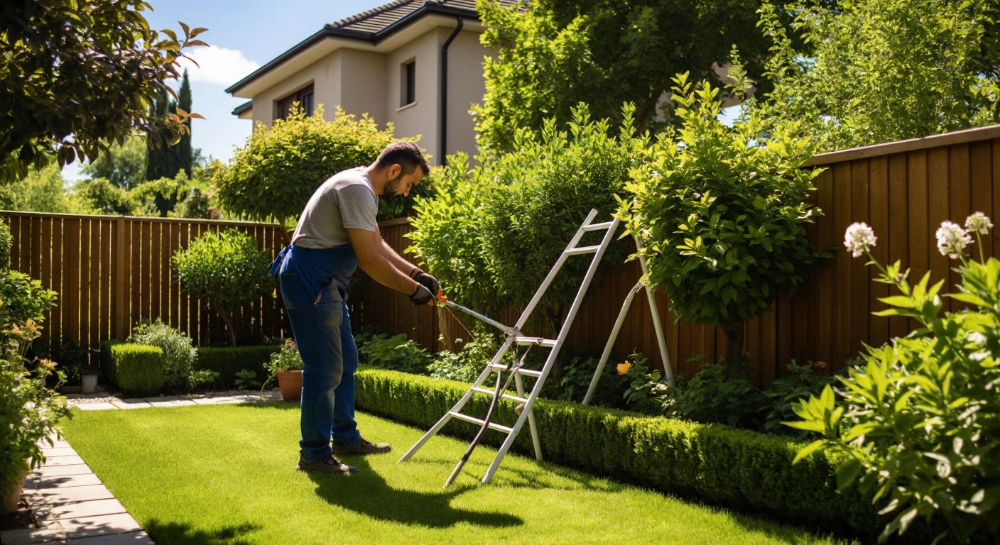 A Turkish gardener in a sunlit backyard carefully trims a crooked hedge with shears while adjusting a PVC frame to straighten it, surrounded by lush green plants and a wooden fence.
