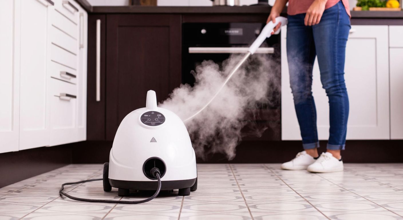 A modern white steam cleaner emitting a steady plume of vapor on a tiled Turkish kitchen floor, with a person in casual home attire observing its operation.