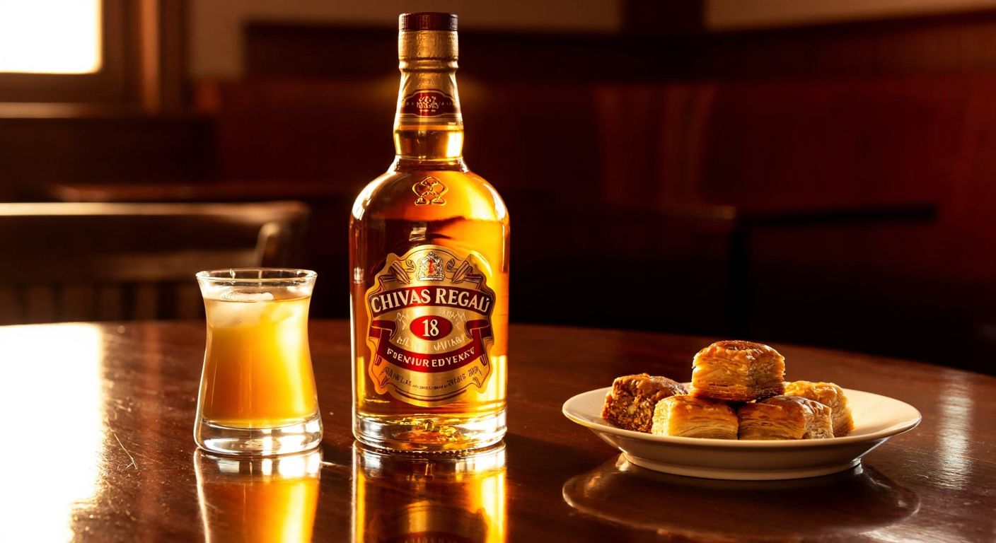 A golden-hued bottle of Chivas Regal whiskey sits on a polished wooden table, glowing warmly under soft ambient light, with a Turkish coffee cup and a small plate of baklava nearby, evoking a cozy, sophisticated atmosphere.