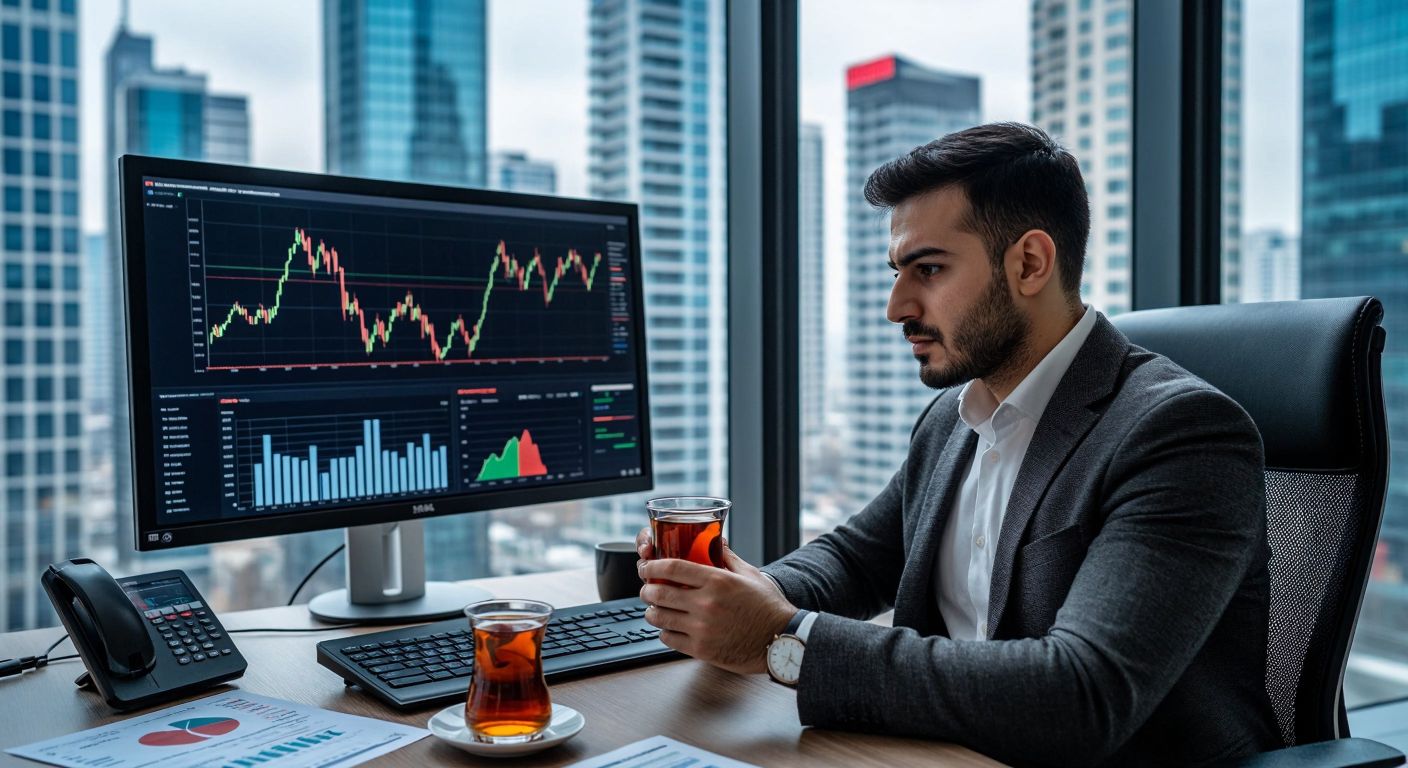 A focused Turkish investor in a modern office, analyzing stock charts on a large monitor while holding a cup of traditional Turkish tea, surrounded by financial reports and a dynamic city skyline visible through the window.