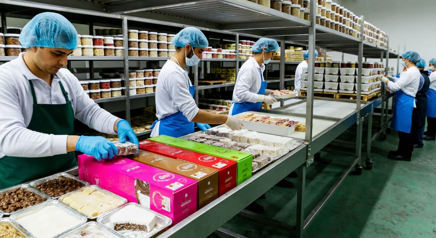 A bustling Turkish food packaging facility with workers in hairnets and uniforms carefully sealing colorful boxes of lokum, chocolate, and helva on a conveyor belt, surrounded by shelves stacked with neatly labeled jars of reçel and trays of fındık.