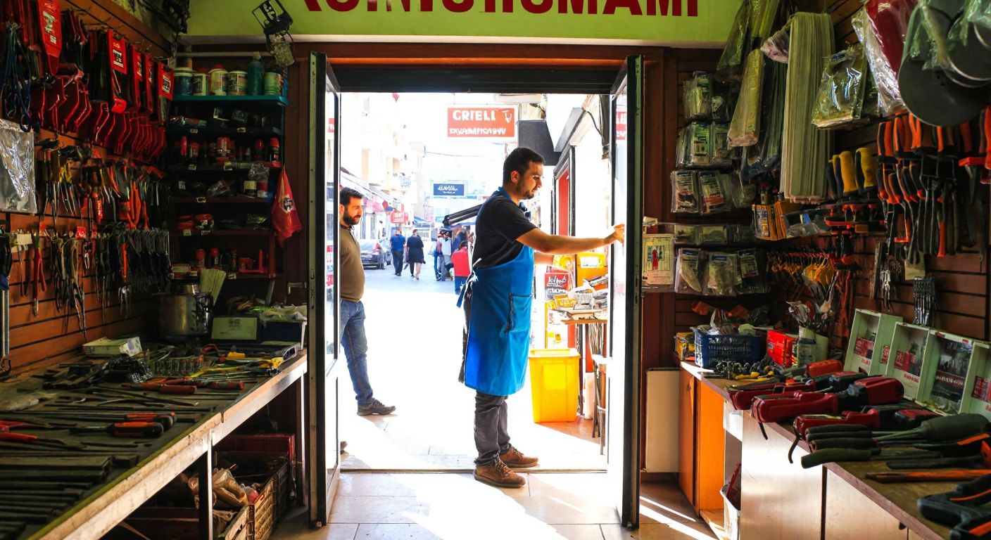 A bustling Turkish hardware store with shelves full of tools, a shopkeeper in a blue apron helping a customer, and sunlight streaming through the open door.