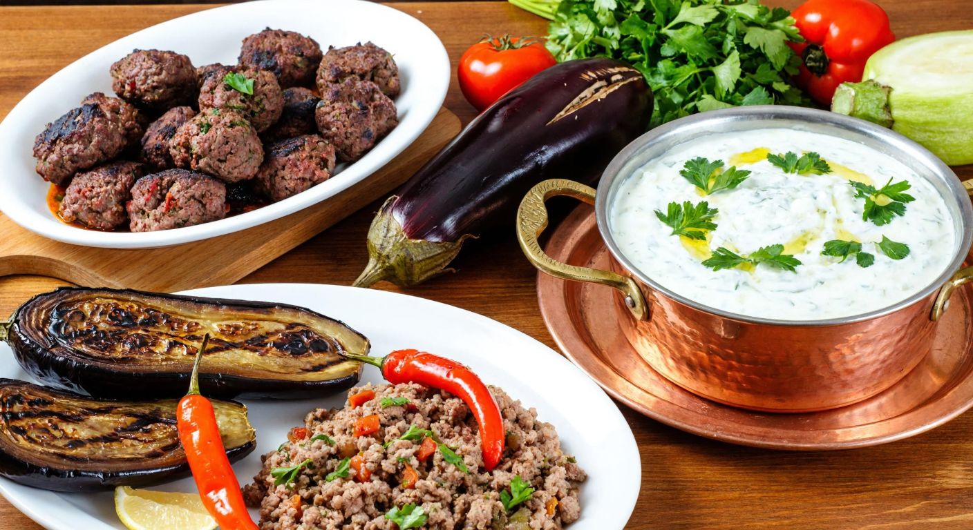 A rustic Turkish kitchen with a wooden table displaying freshly grilled eggplants, minced meat sizzling in a copper pan, and a bowl of garlic-infused yogurt, garnished with vibrant parsley and roasted peppers.