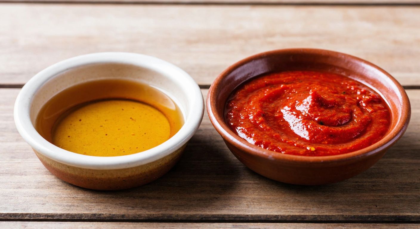 A rustic wooden table in a Turkish kitchen holds two small ceramic bowls side by side—one filled with golden honey and the other with red pepper sauce, reflecting their distinct uses.