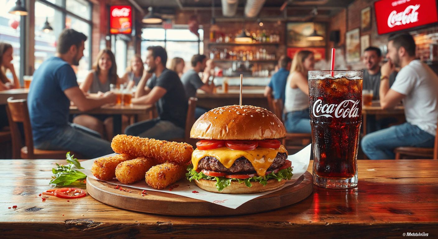 A vibrant, bustling restaurant scene with a wooden table displaying a juicy burger with melted cheese, crispy mozzarella sticks, and a frosty glass of Coca-Cola, surrounded by happy diners in casual attire enjoying their meals.