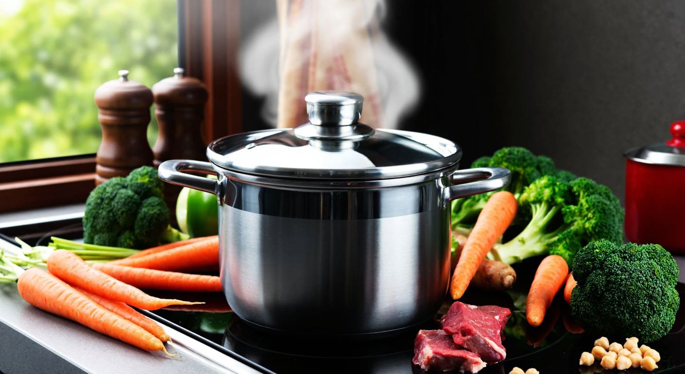 A gleaming stainless steel pressure cooker sits on a stovetop, surrounded by fresh ingredients like carrots, broccoli, lamb chunks, and chickpeas, with steam rising from the pot, evoking the efficiency and variety of Turkish home cooking.