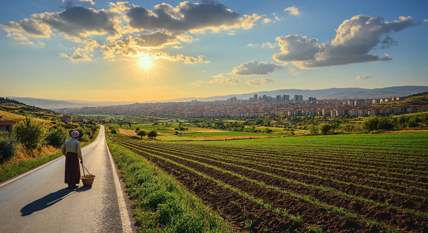 A sunlit rural Turkish landscape with a vast green field bordered by a paved highway, a farmer in traditional attire inspecting the soil while a city skyline looms in the distance.