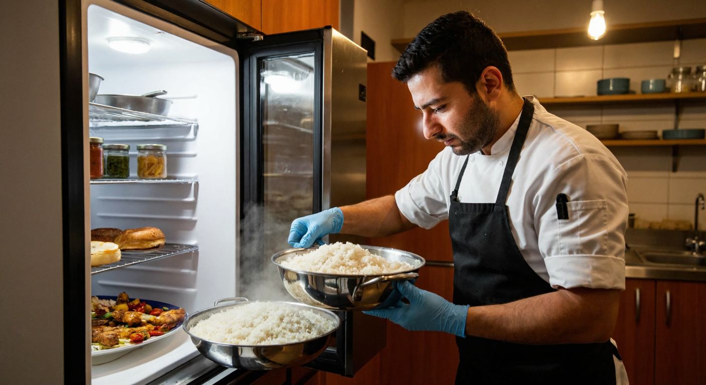 A Turkish chef in a clean, well-lit kitchen carefully placing a steaming pot of freshly cooked rice into a refrigerator, while wearing gloves and an apron.