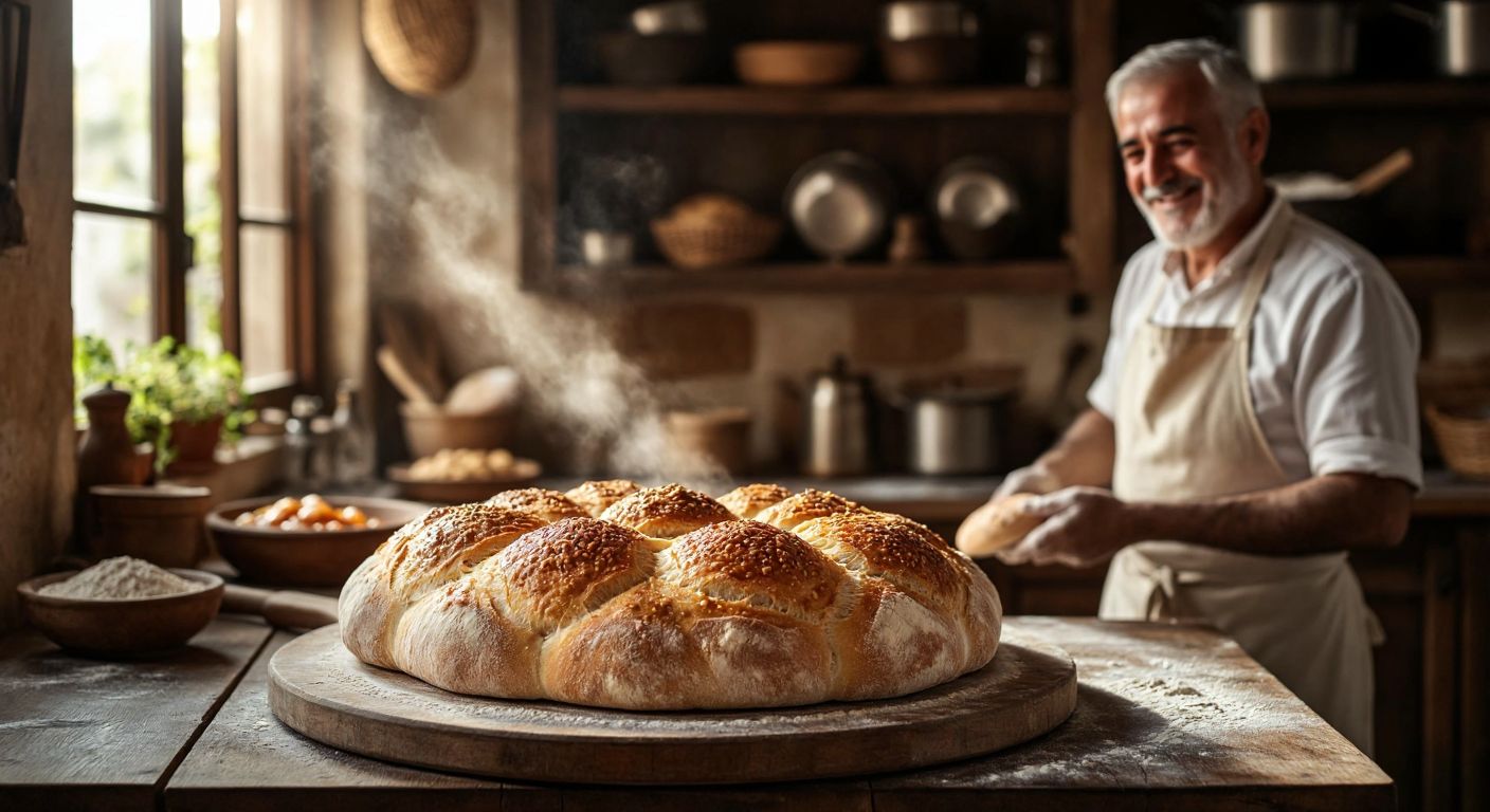 A rustic wooden table holds a freshly baked, golden-brown Kula bread with a crisp crust, surrounded by a warm, sunlit Turkish kitchen and a smiling elderly baker in a flour-dusted apron.
