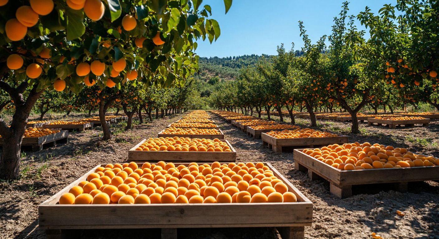 A sun-drenched Turkish orchard with ripe apricots spread on wooden trays under a bright blue sky, their orange hues deepening as they dry in the warm sunlight.