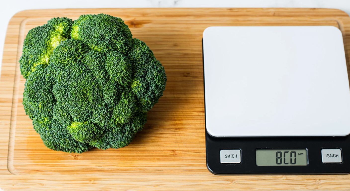 A vibrant green broccoli floret resting on a wooden cutting board, with a small digital kitchen scale beside it displaying a weight measurement.
