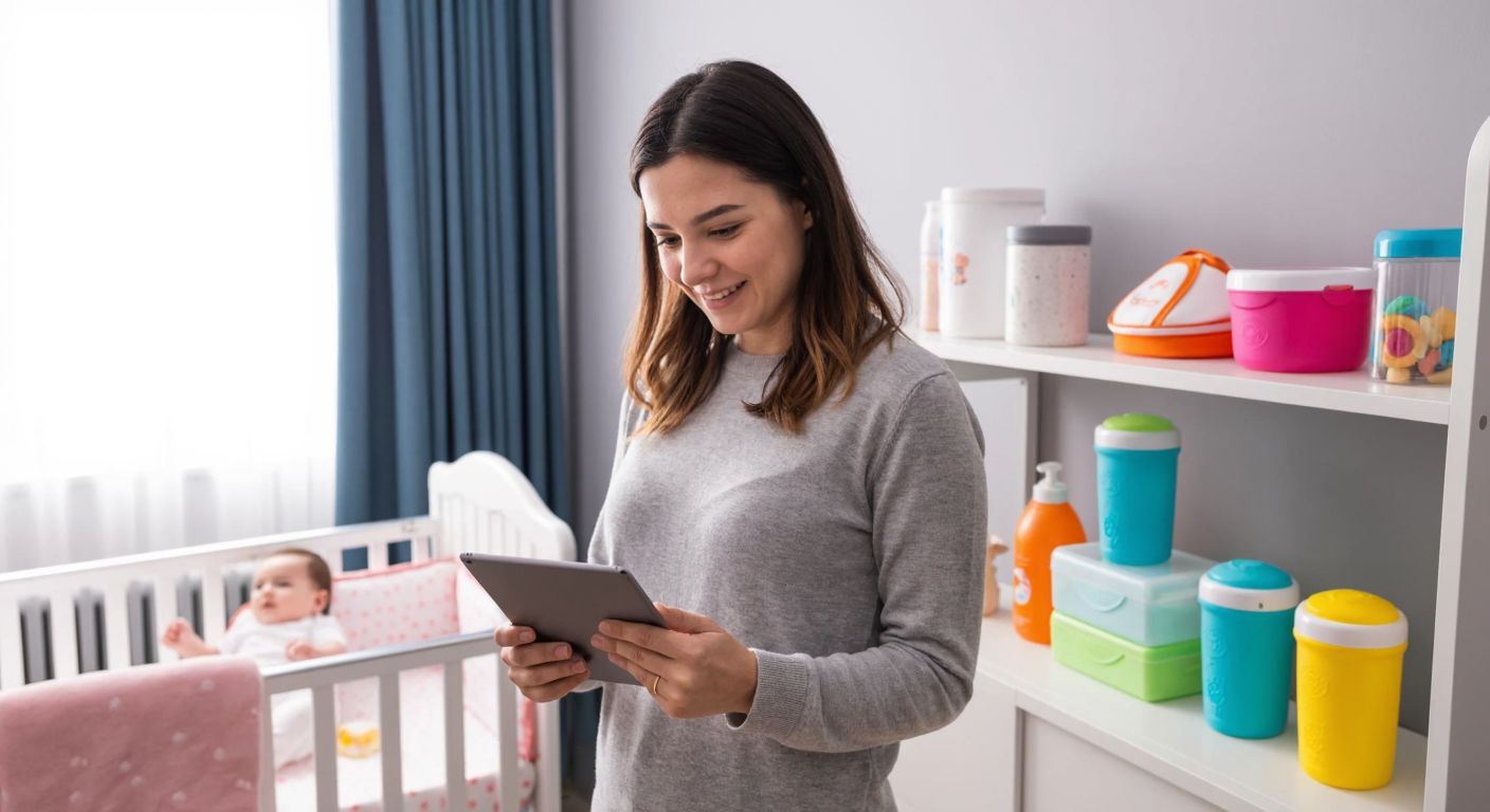 A young mother in a cozy Turkish home, smiling while browsing a tablet, with a baby in a crib nearby and colorful Ebebek-branded baby products neatly arranged on a shelf.