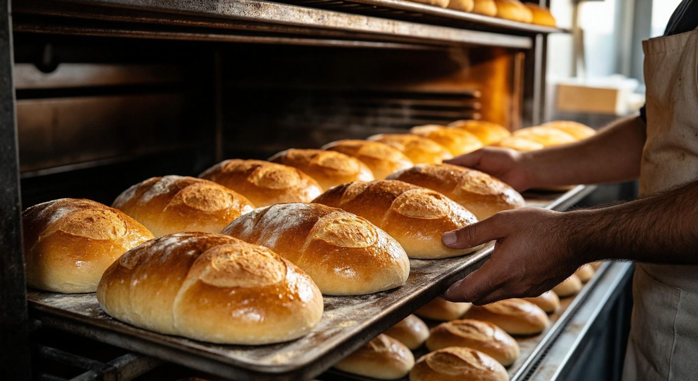 A warm Turkish bakery with golden-brown loaves of bread rising in the oven, their elastic crusts stretching (glutenin) while sticky dough clings to a baker’s hands (gliadin).