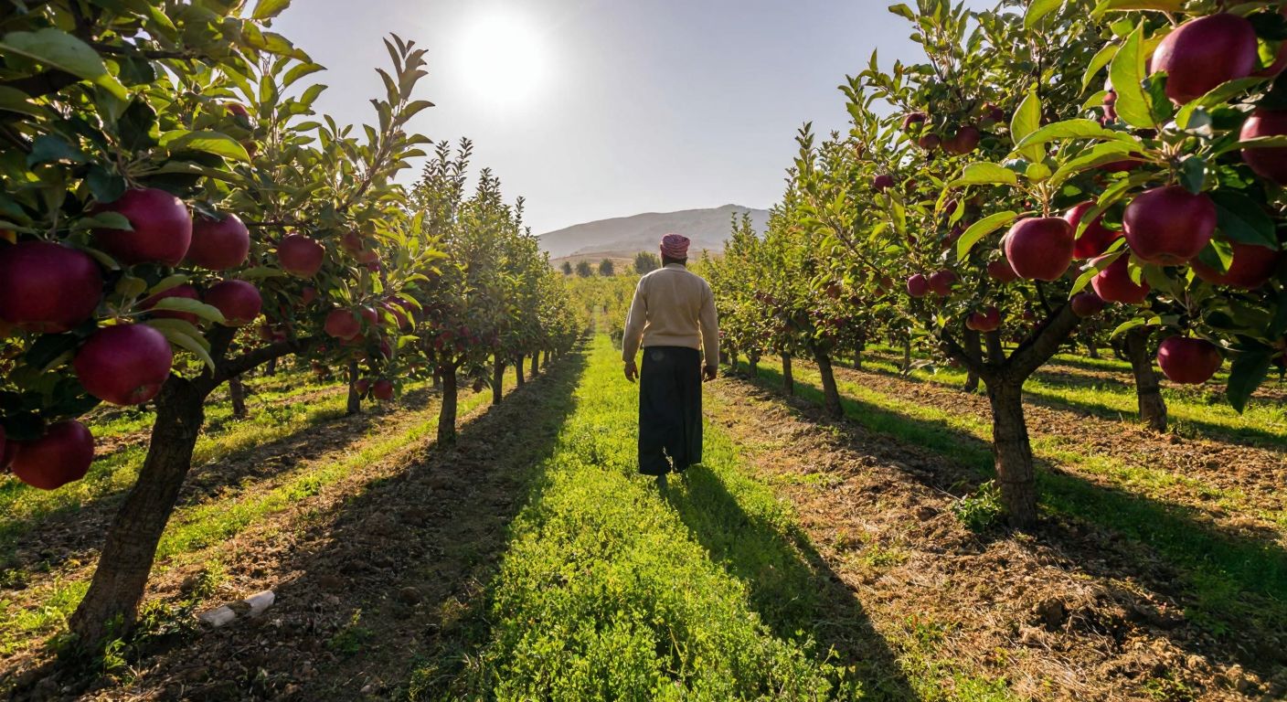 A sunlit orchard in Karaman with rows of vibrant Scarlet Spur apple trees, their red fruits glistening under the Turkish sun, while a farmer in traditional attire carefully inspects the harvest.