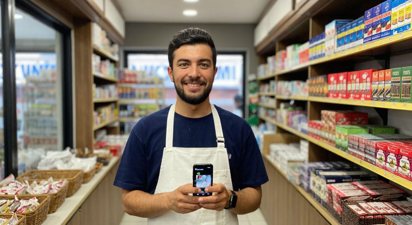A Turkish shopkeeper in a small convenience store, wearing a white apron, smiling while holding a smartphone displaying the JTI Benim Bayim app, with shelves of tobacco products neatly arranged in the background.