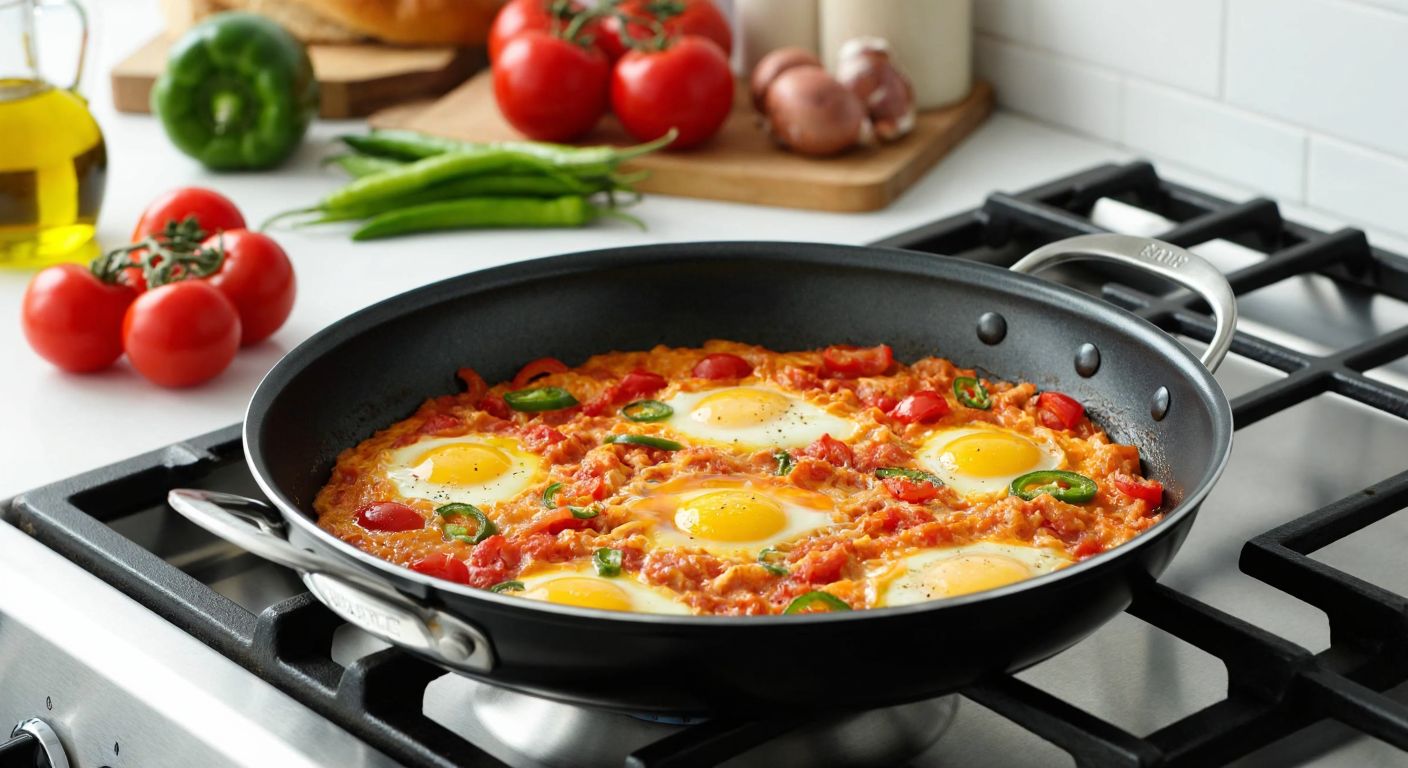 A gleaming carbon steel pan sizzling with golden-brown Turkish menemen (eggs with tomatoes and peppers) on a gas stove, surrounded by fresh vegetables and olive oil, evoking durability and health.