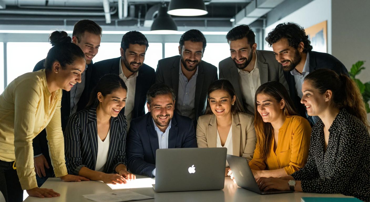 A diverse group of young and middle-aged professionals in business attire and casual wear, gathered around a glowing laptop screen in a bright, modern office in Turkey, smiling with hopeful expressions as they browse job listings.