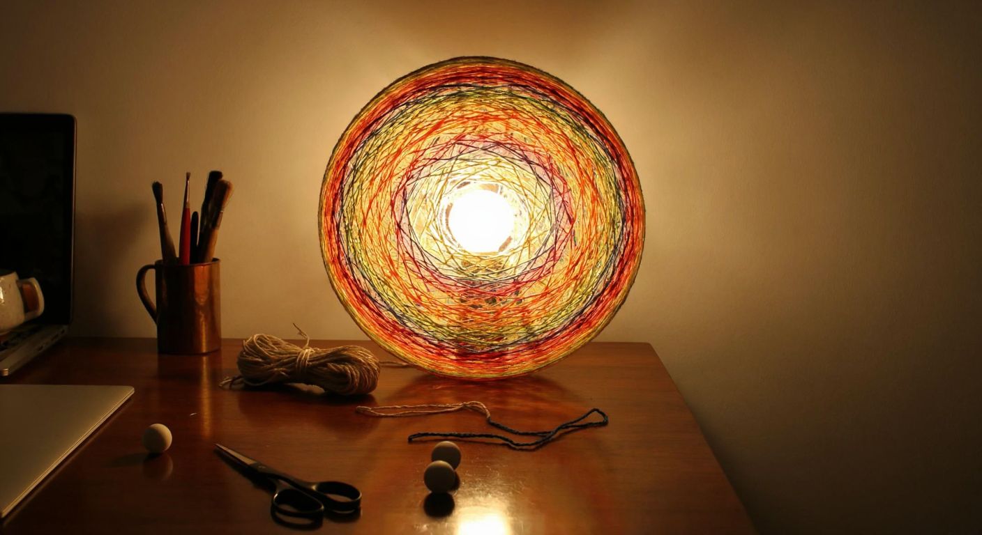 A round balloon wrapped in colorful yarn soaked in glue, hanging from a ceiling with a warm light bulb glowing inside, surrounded by scattered crafting materials like scissors, rope, and ping-pong balls on a wooden table in a cozy Turkish home.