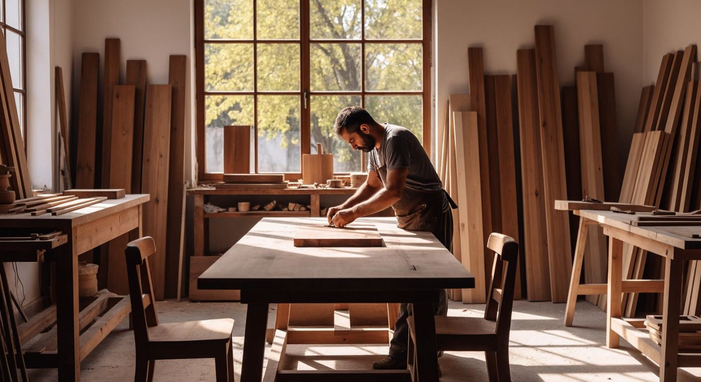 A skilled Turkish artisan carefully handcrafting a polished wooden dining table in a sunlit workshop surrounded by stacks of natural timber and finished chairs.
