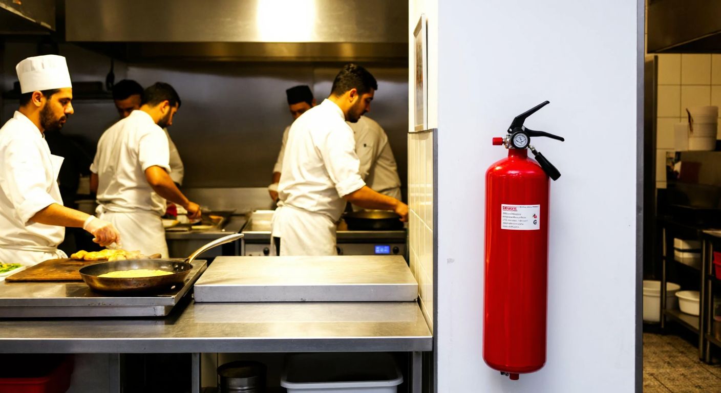 A bustling Turkish restaurant kitchen with chefs in white uniforms, a stainless steel countertop holding a sizzling pan of oil, and a bright red wet chemical fire extinguisher mounted on the wall nearby.