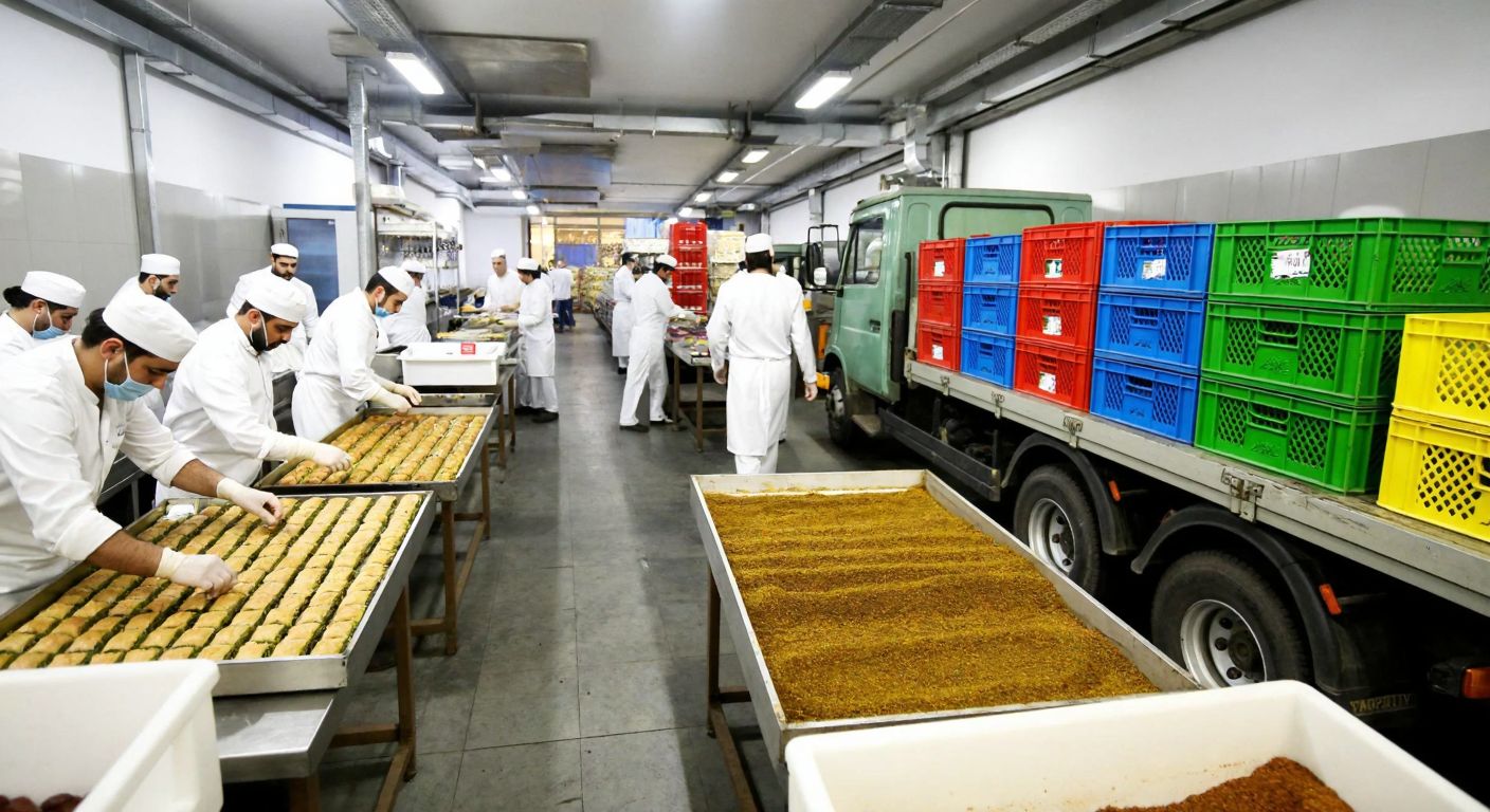 A bustling Turkish food factory with workers in white uniforms packaging fresh baklava and spices, while trucks loaded with colorful crates prepare for delivery.