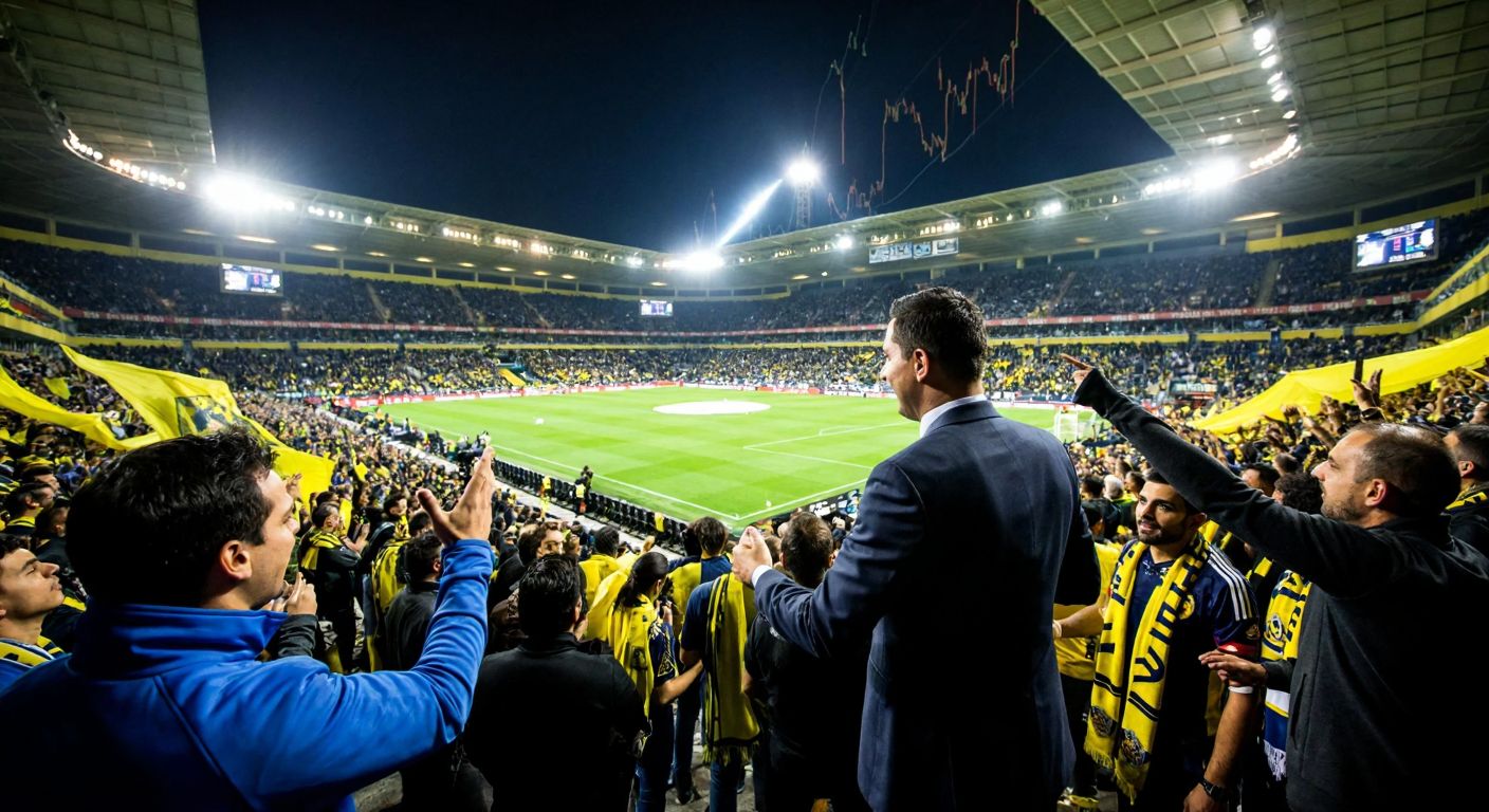 A bustling Fenerbahçe football stadium in Kadıköy, Istanbul, filled with cheering fans in yellow-blue scarves, while a businessman in a suit shakes hands with a foreign investor against a backdrop of financial charts.