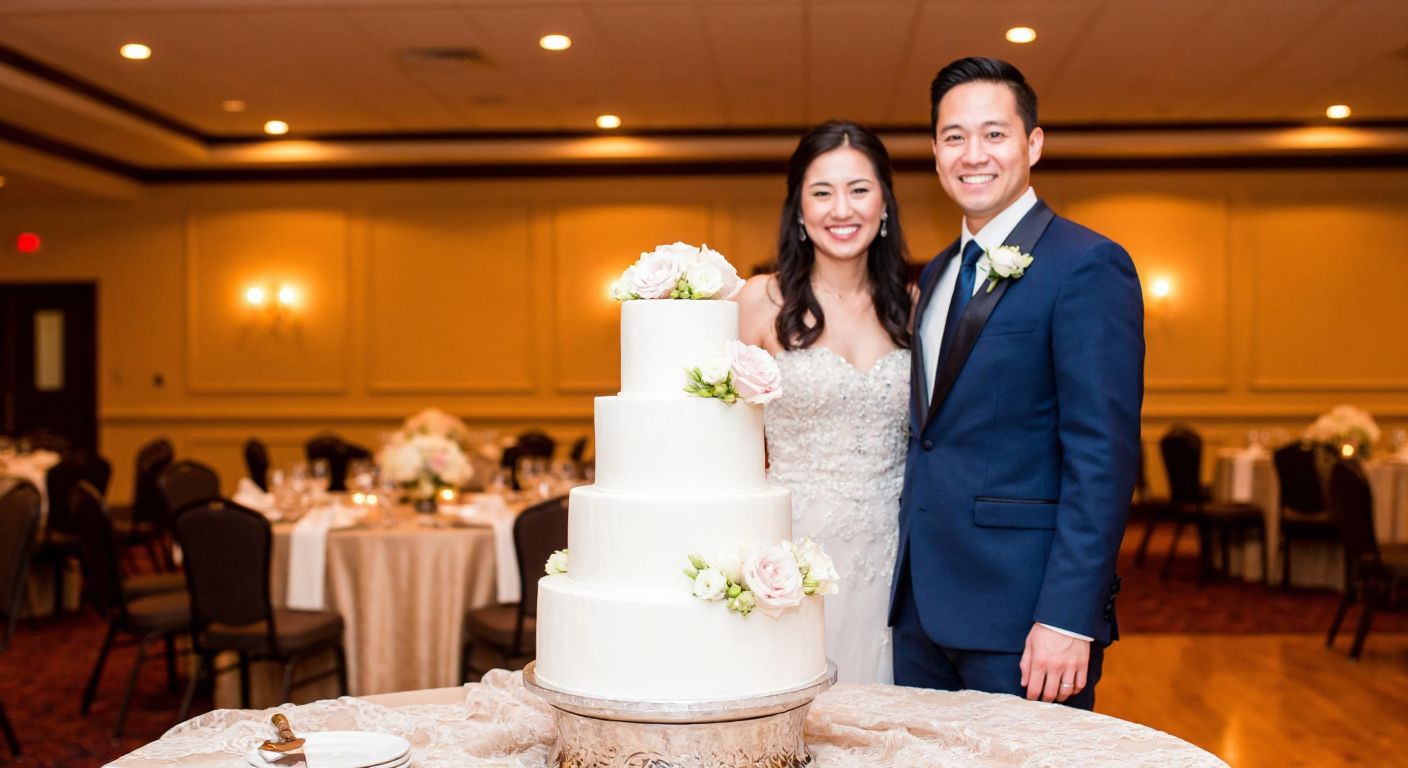 A smiling couple in elegant attire stands behind a beautifully decorated, multi-tiered white cake adorned with delicate floral accents, set on a table draped with lace in a warmly lit banquet hall.