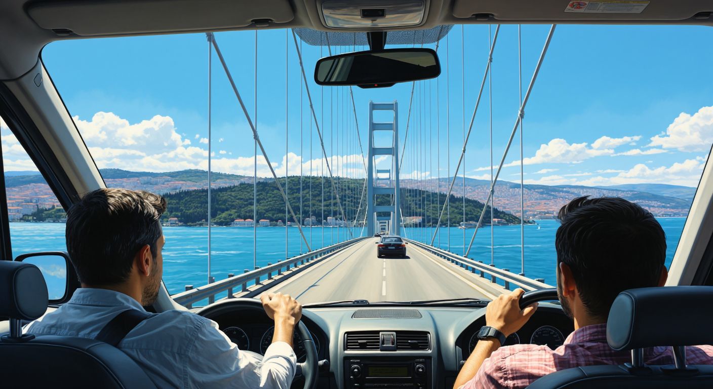 A towering suspension bridge spanning a sparkling blue strait, with a frustrated Turkish driver in a car at a toll booth, clutching a handful of lira bills while looking up at the imposing structure.