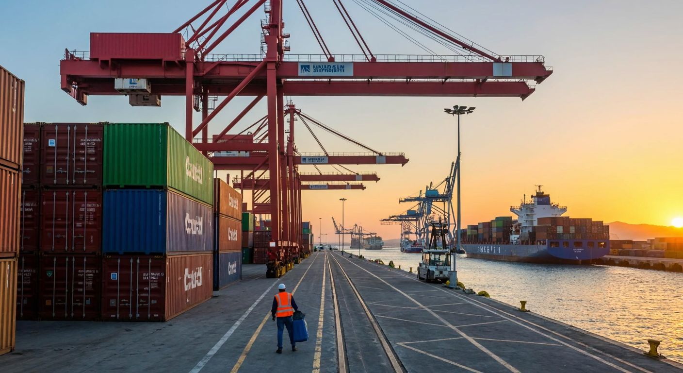 A bustling Turkish port at sunset, with towering cranes lifting colorful shipping containers, workers in safety vests guiding operations, and cargo ships docked along the pier.