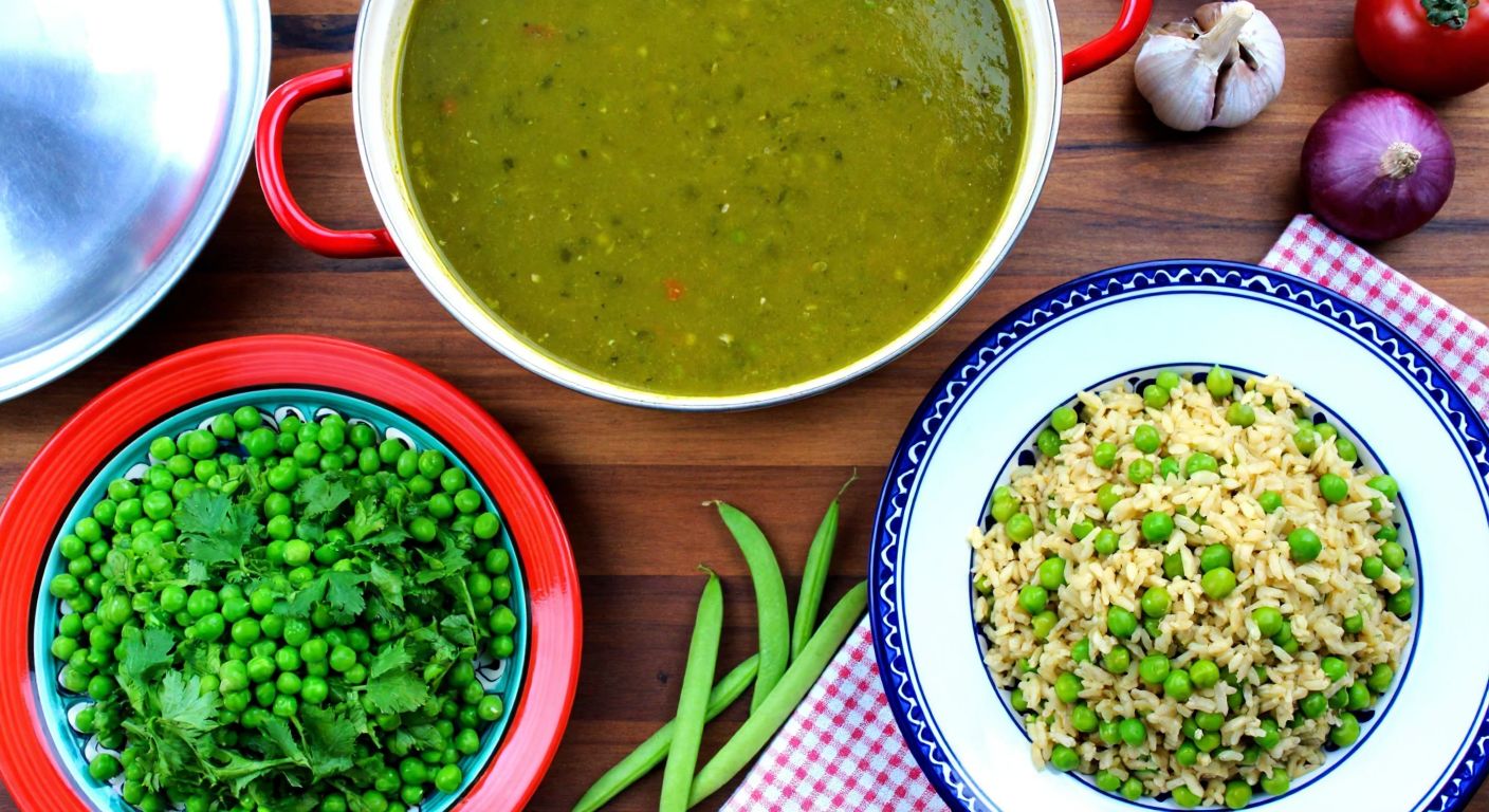 A vibrant Turkish kitchen scene with a steaming pot of green pea soup, a colorful plate of rice pilaf studded with peas, and a fresh salad topped with bright green peas, all arranged on a rustic wooden table.