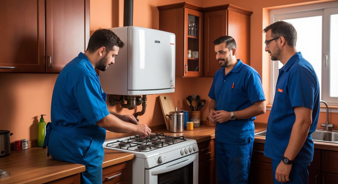 A well-maintained, slightly aged Turkish boiler (kombi) mounted on a warm-toned kitchen wall, with a technician in a blue uniform inspecting its parts while a middle-aged homeowner watches attentively.