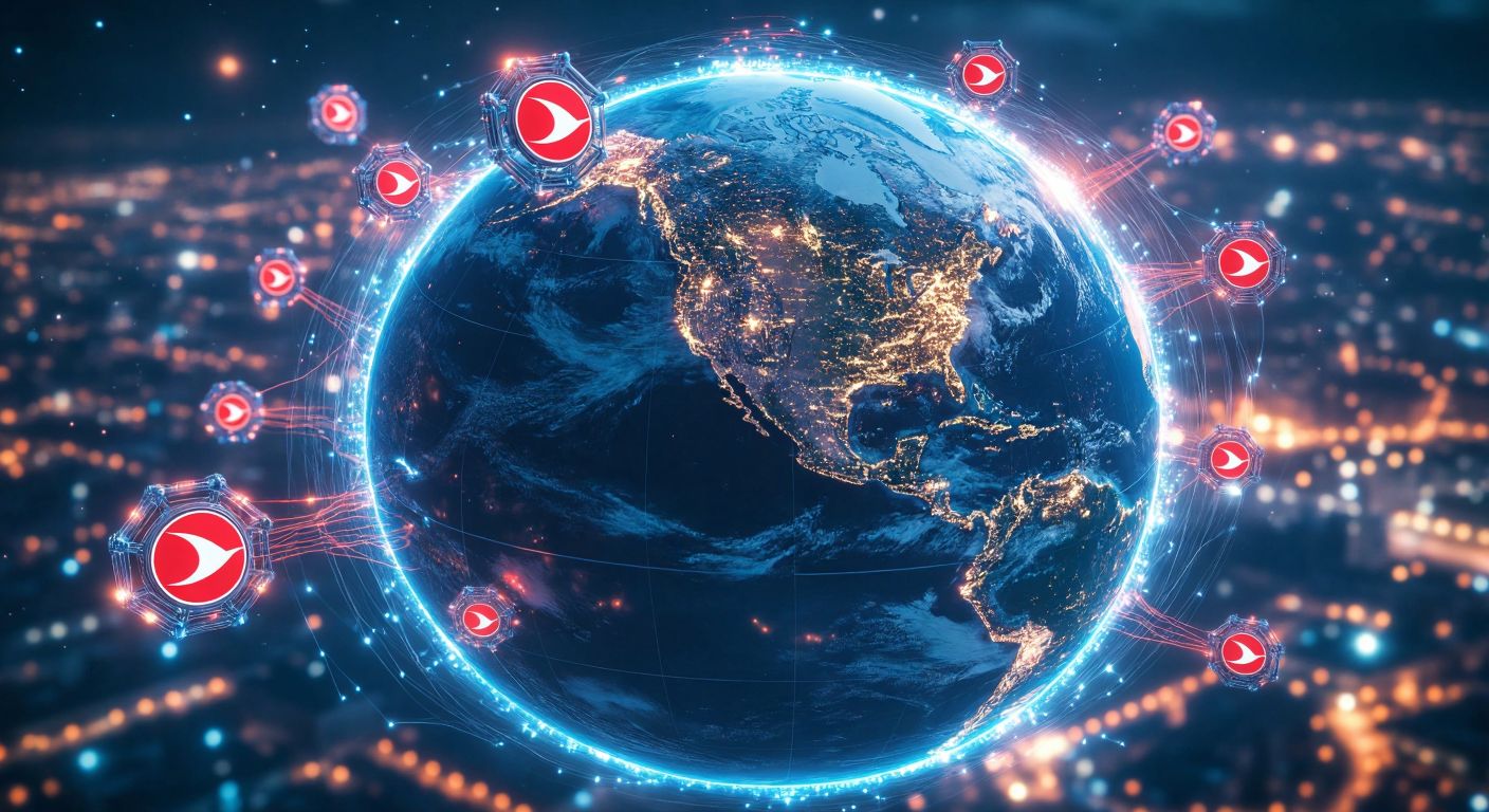 A dynamic globe with emerging market regions glowing brightly, surrounded by miniature Turkish corporate logos like THY and Petkim, while digital blockchain nodes pulse with energy in the background.