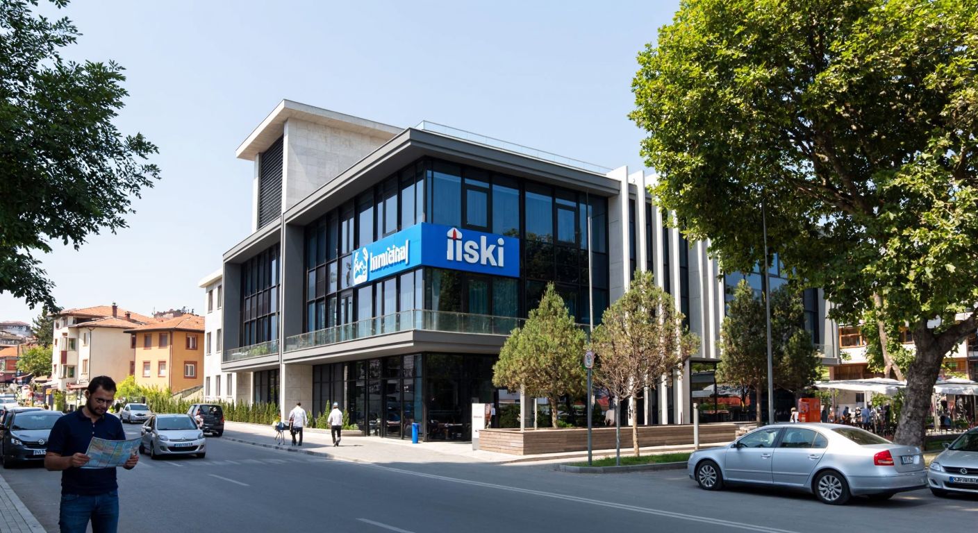 A modern municipal office building in Sarıyer, Istanbul, with a blue İSKİ sign, surrounded by trees and a busy street, where a man in casual attire checks a map while standing near a parked car.