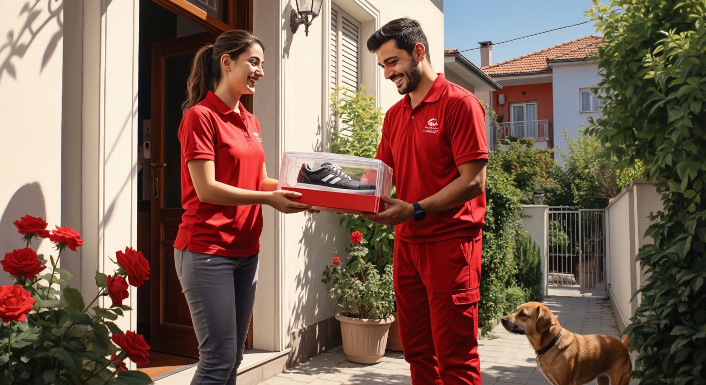 A smiling delivery person in a red uniform hands a transparent package containing sports shoes to a customer at their doorstep in a Turkish neighborhood, with a small dog curiously sniffing nearby.