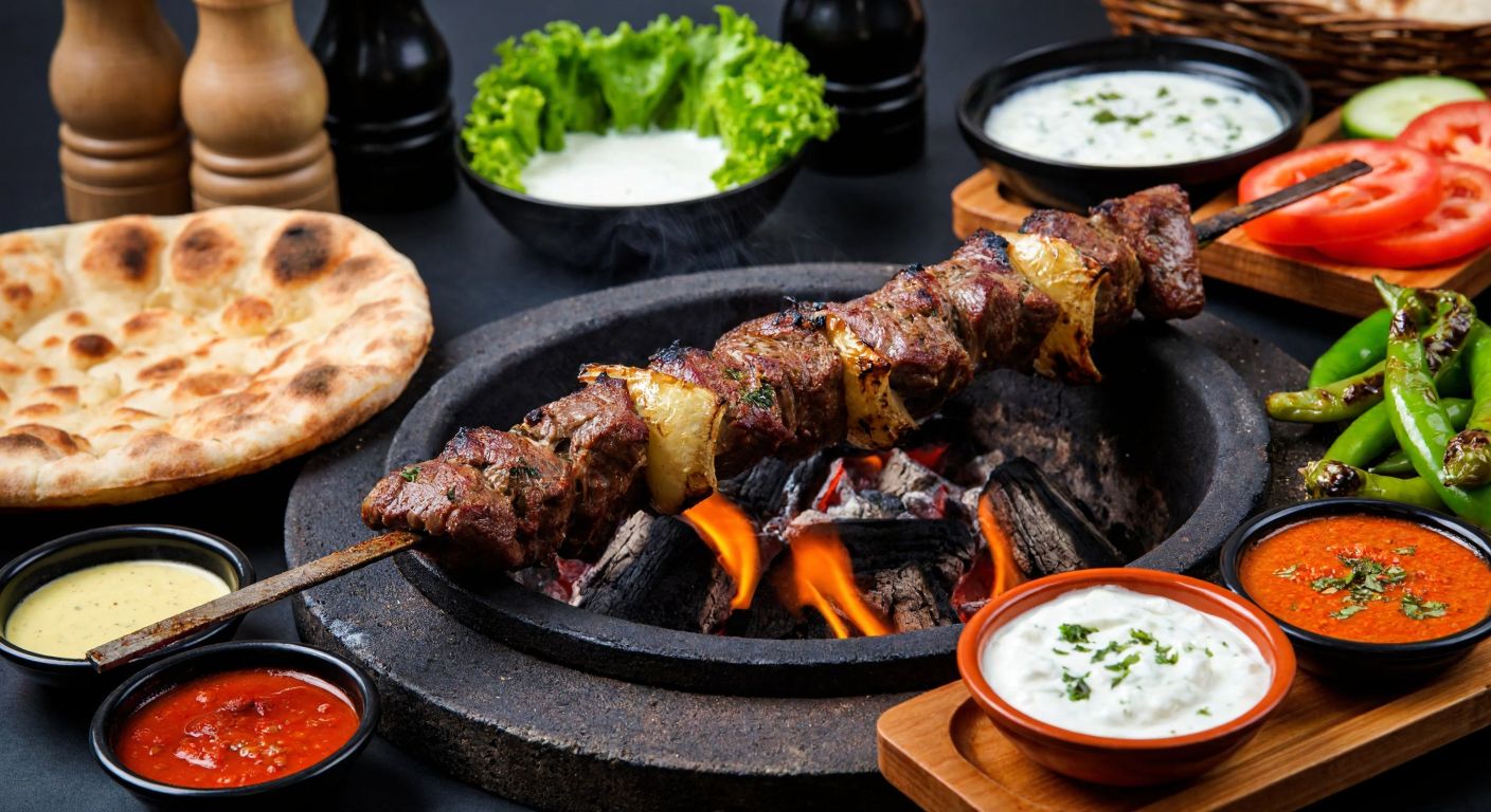 A sizzling skewer of marinated lamb döner roasting over a wood-fired stone oven, surrounded by vibrant bowls of yogurt, garlic, and spicy sauces, with fresh pide bread and sliced vegetables nearby, evoking the rich flavors of Ceylanpınar.
