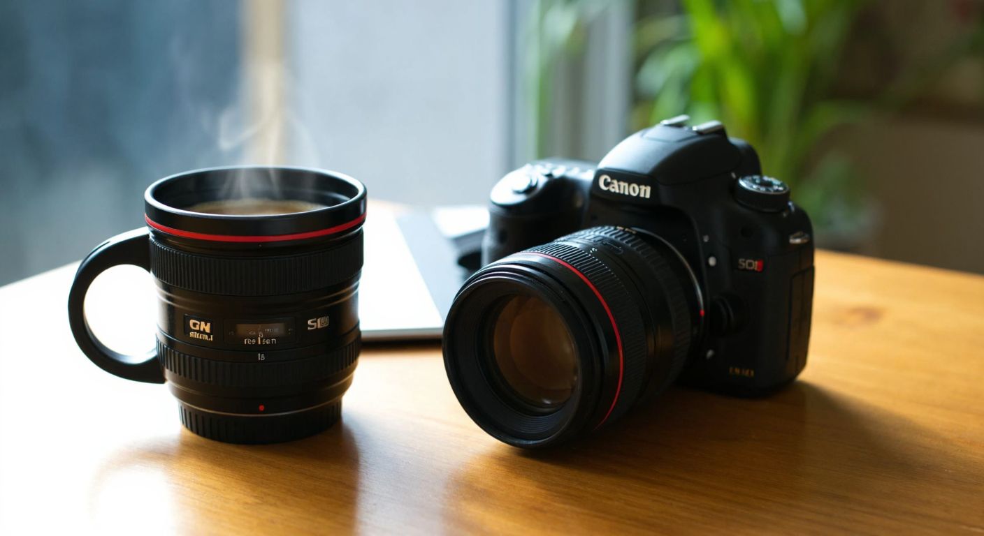 A sleek black camera-lens-shaped mug sits on a wooden table beside a professional DSLR camera, with warm Turkish coffee steaming inside, reflecting a creative workspace with soft natural light.