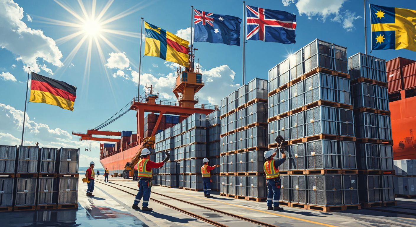 A bustling Turkish industrial port with stacks of metal filter units ready for export, workers in hard hats loading them onto a cargo ship under a bright sun, with flags of Germany, Sweden, Slovakia, and Australia fluttering nearby.