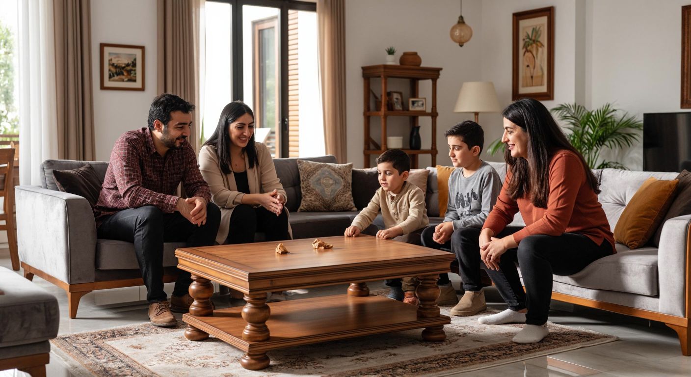 A Turkish family sitting in a cozy living room, examining a sturdy wooden coffee table from Uğur Mobilya with mixed expressions—some smiling and nodding approvingly, while others frown slightly and point at a small chip on the table's edge.