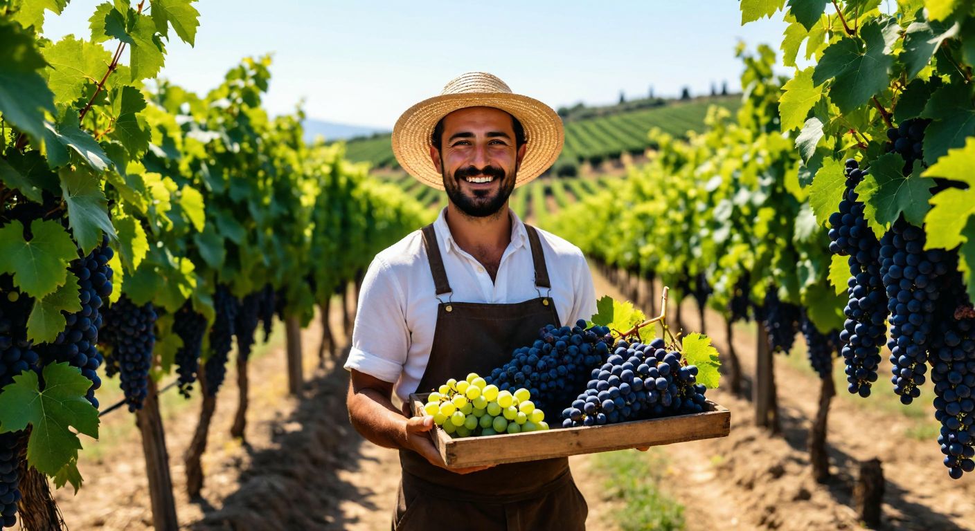 A sunlit vineyard in İzmir with rows of lush grapevines, where a smiling Turkish winemaker in a straw hat holds a tray of freshly picked grapes beside bottles of locally produced wine.
