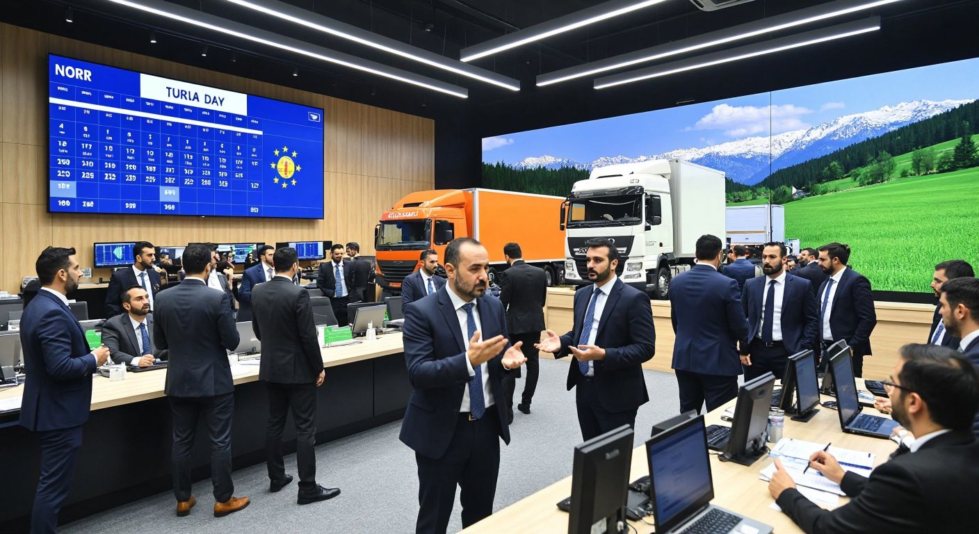 A busy Turkish stock exchange floor with traders in suits gesturing animatedly while a calendar on the wall subtly highlights two consecutive business days.  

OR  

A truck crossing a European border with a customs officer checking documents, surrounded by green fields and EU flags.  

(Choose one based on which context—finance or logistics—you want to emphasize.)