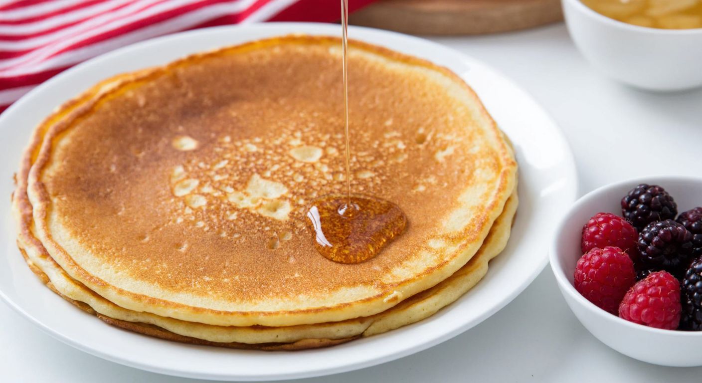 A golden-brown pancake on a white plate, drizzled with honey, with a small bowl of fresh berries beside it, evoking a cozy Turkish breakfast setting.