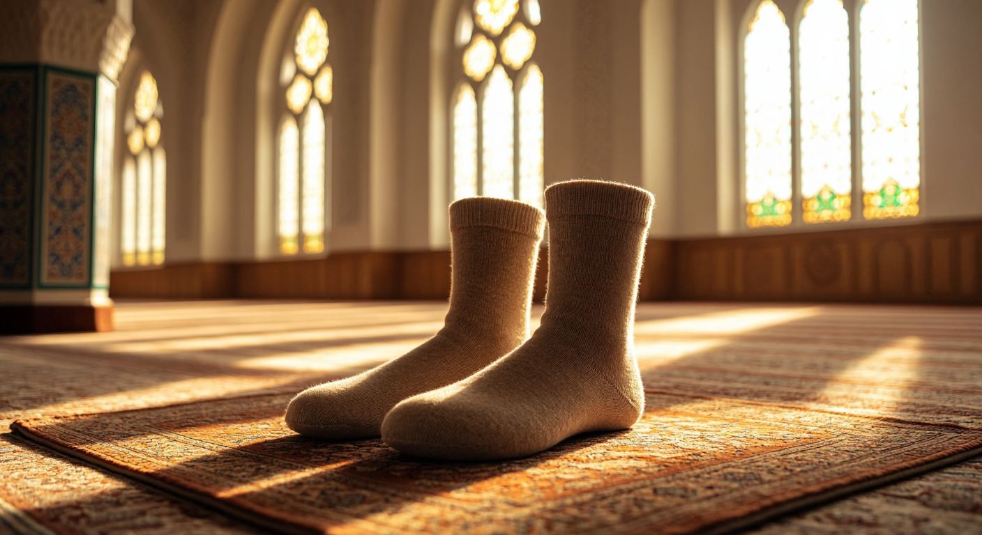 A pair of thick, beige-colored thermal socks (termal mest) resting on a wooden prayer rug in a softly lit mosque, with warm sunlight streaming through stained-glass windows.