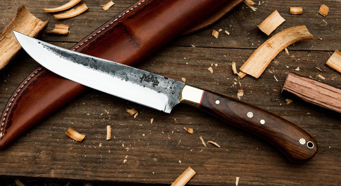 A hand-forged Turkish knife with a polished wooden handle rests on a rustic wooden table, its sharp steel blade catching the light, surrounded by scattered wood shavings and a leather sheath, evoking craftsmanship and debate over quality.