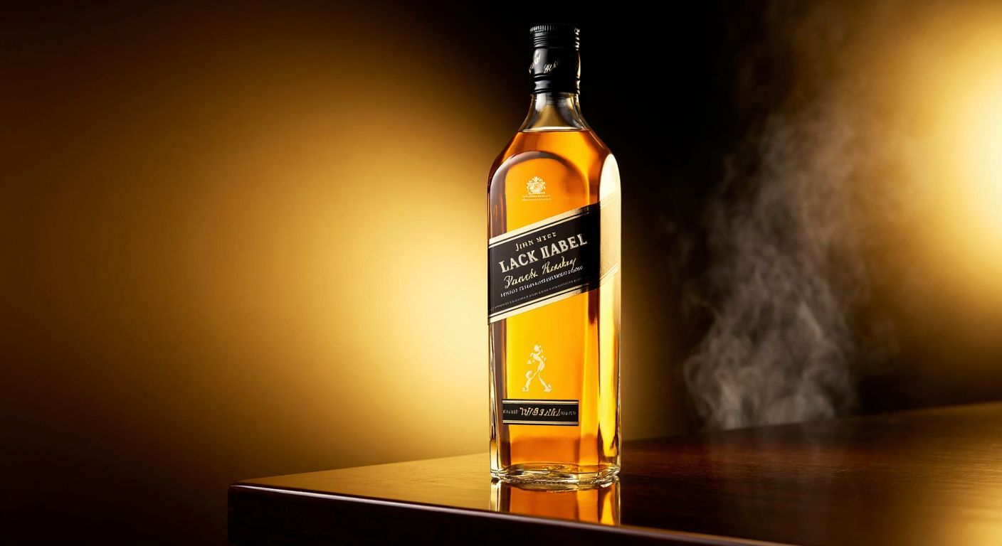 A sleek, amber-filled glass bottle of Johnnie Walker Black Label whiskey rests on a polished wooden bar, surrounded by warm golden lighting and a faint mist of condensation.