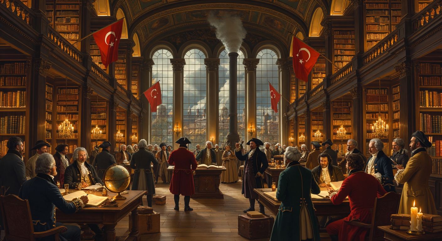 A grand, candlelit library with scholars in 18th-century European attire debating over globes and mechanical inventions, while outside, smokestacks rise from early factories and a distant crowd waves revolutionary flags.  

(Note: Since the query and response focus on global events like the Enlightenment and Industrial Revolution—not Turkey-specific—the imagery reflects a broader European/Western context.)